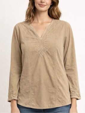 Vintage Anthropologie Isabella Bird 100% Cotton Corduroy Beige Embroidered Top L